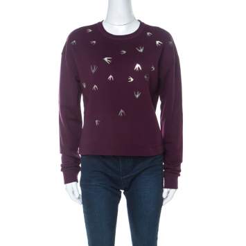 Pre Owned McQ by Alexander McQueen Burgundy Knit Swallow Embellished Jumper XS 