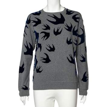 Pre Owned McQ by Alexander McQueen Grey Flocked Swallow Print Cotton Sweatshirt S