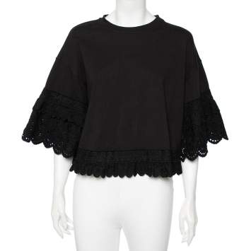 Pre Owned McQ by Alexander McQueen Black Cotton Eyelet Trimmed Ruffled T-Shirt S