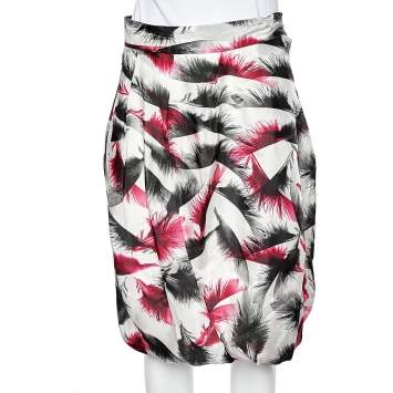 Pre Owned McQ by Alexander McQueen White Feather printed Silk Pleated Balloon Skirt L