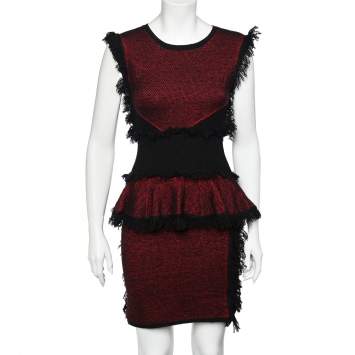 Pre Owned McQ by Alexander McQueen Red & Black Tweed Knit Fringed Detail Mini Dress M