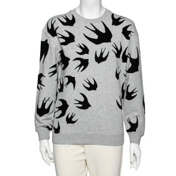 Pre Owned McQ by Alexander McQueen Grey Flocked Swallow Cotton Knit Crewneck Sweatshirt XS