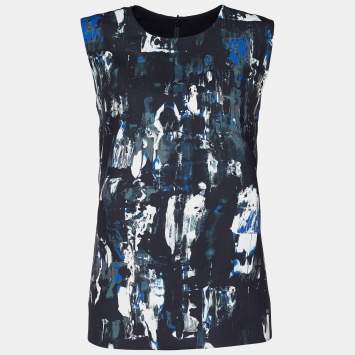 Pre Owned McQ by Alexander McQueen Black Printed Crepe Sleeveless Top S
