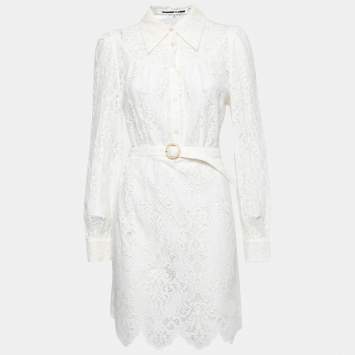 Pre Owned McQ by Alexander McQueen Off White Lace Belted Button Front Dress M