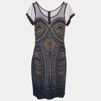 Pre Owned McQ by Alexander McQueen Black Printed Knit & Tulle Midi Dress M