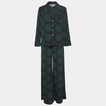 Pre Owned McQ by Alexander McQueen Black/Green Polka Dots Crepe Pajama Set S