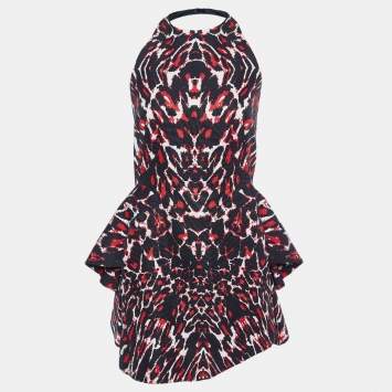 Pre Owned McQ by Alexander McQueen Black Printed Cotton Halter Neck Mini Dress S