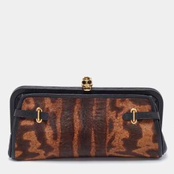 Pre Owned McQ by Alexander McQueen Brown/Black Leopard Print Calfhair Clutch