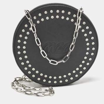 Pre Owned McQ by Alexander McQueen Black Leather Studded Round Chain Pouch