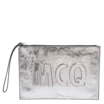 Pre Owned MCQ by Alexander McQueen Metallic Silver Leather Wristlet Clutch