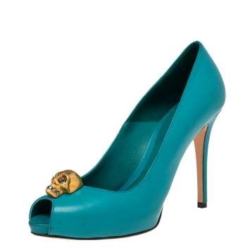 Pre Owned Alexander McQueen Blue Leather Crystal Embellished Skull Detail Peep Toe Platform Pumps Size 37