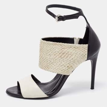 Pre Owned McQ by Alexander McQueen Off-White/Black Snakeskin And Leather Ankle Strap Sandals Size 39
