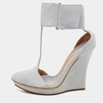 Pre Owned McQ by Alexander McQueen Light Grey Suede Ankle Cuff Wedge Pumps Size 39
