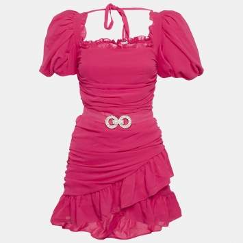 Pre Owned Mergim Pink Chiffon Ruche Detail Belted Mini Dress M