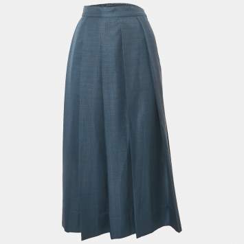 Pre Owned Mero Studio Blue Crepe Pleated Midi Skirt S