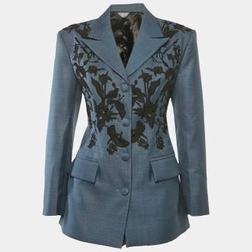 Mero Blue Embroidered Canvas Tailored Blazer S