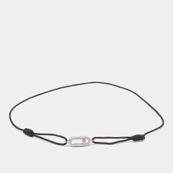 Pre Owned Messika Move Uno Diamond 18K White Gold Black Cord Bracelet