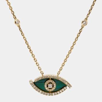 Pre Owned Messika Lucky Eye Malachite Diamonds 18k Yellow Gold Necklace