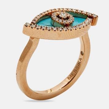 Pre Owned Messika Lucky Eye Diamonds Turquoise 18k Rose Gold Ring Size 50