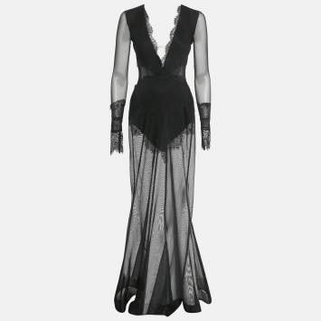 Pre Owned Michael Costello X Revolve Black Lace & Mesh Sheer Gown XXS 