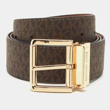 Pre Owned Michael Kors Brown Signature Coated Canvas and Leather Cut to Size Reversible Belt 