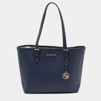 Pre Owned Michael Kors Navy Blue Leather Medium Jet Set Travel Tote