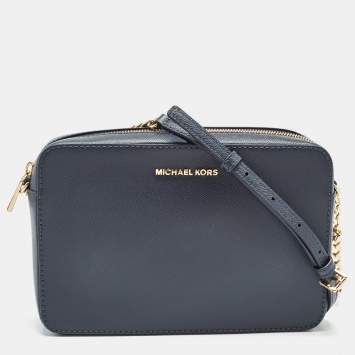 Pre Owned Michael Kors Navy Blue Leather Jet Set East West Crossbody Bag