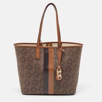 Pre Owned Michael Kors Brown/Black Empire Signature Coated Canvas and Leather Large Eliza Tote