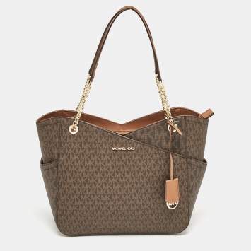 Pre Owned Michael Kors Dark Brown Signature Coated Canvas Large Jet Set Travel Tote
