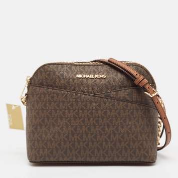 Pre Owned Michael Kors Brown Signature Coated Canvas Medium Jet Set Travel Dome Crossbody Bag