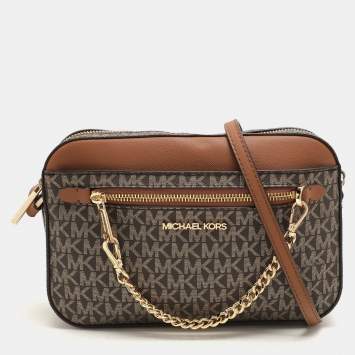 Pre Owned Michael Kors Brown Signature Coated Canvas and Leather Jet Set Crossbody Bag