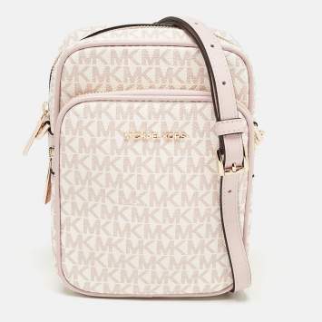 Pre Owned Michael Kors Pink/White Signature Coated Canvas Medium Jet Set Crossbody Bag