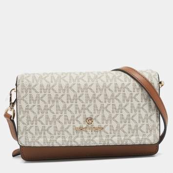 Michael Kors White/Brown Signature Coated Canvas and Leather Jet Set Phone Crossbody Bag