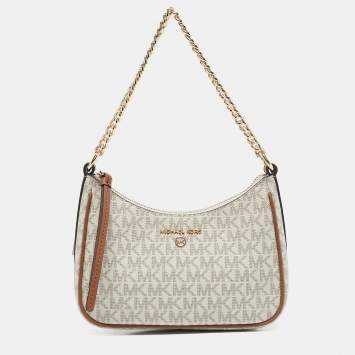 Pre Owned Michael Kors White/Brown Signature Coated Canvas and Leather Jet Set Charm Pochette Bag