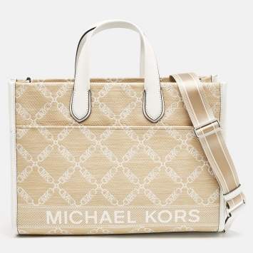 Pre Owned Michael Kors Natural/Optic White Logo Jacquard Raffia Large GIgi Tote