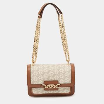 Pre Owned Michael Kors Brown Signature Coated Canvas and Leather Heather Shoulder Bag
