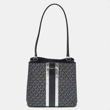 Pre Owned Michael Kors Black Signature Coated Canvas and Snakeskin Embossed Leather Medium Pratt Bucket Bag
