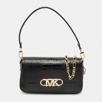 Pre Owned Michael Kors Black Croc Embossed Leather Medium Parker Convertible Pochette Shoulder Bag