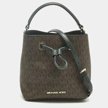 Pre Owned Michael Kors Brown/Dark Green Signature Canvas Suri Drawstring Bucket Bag