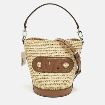 Pre Owned Michael Kors Townsend Small Beige/Brown Raffia and Leather Bucket Bag