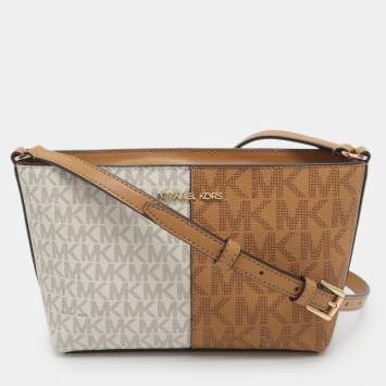 Pre Owned حقيبة كروس مايكل كورس جيت سيت صغيرة بيج/أوبتيك وايت من قماش التوقيع المطلي