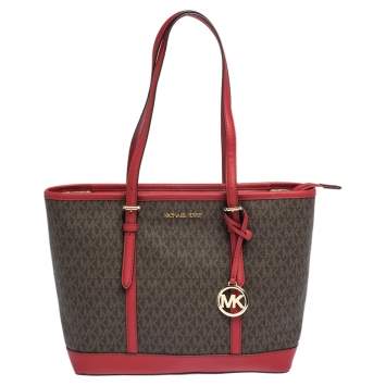 Pre Owned Michael Kors Red/Brown Signature Coated Canvas Small Jet Set Travel Zip Tote