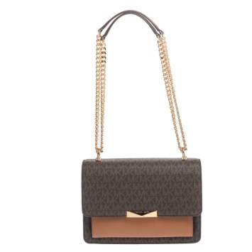 Pre Owned Michael Kors Beige/Tan Monogram Coated Canvas and Leather Jade Shoulder Bag