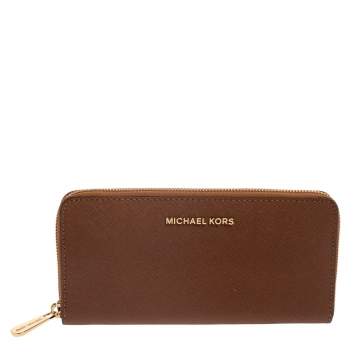 Pre Owned Michael Kors Brown Leather Jet Set Travel Zip Around Wallet