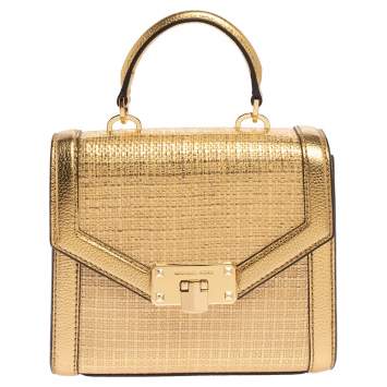 Pre Owned Michael Kors Gold Woven Straw and Leather XS Kinsley Top Handle Bag
