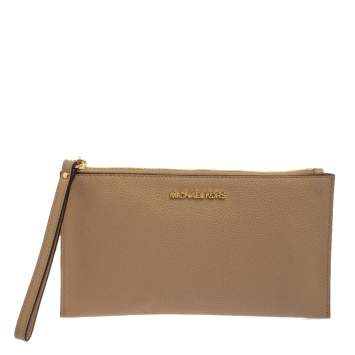 Pre Owned Michael Kors Beige Leather Large Jet Set Wristlet Clutch