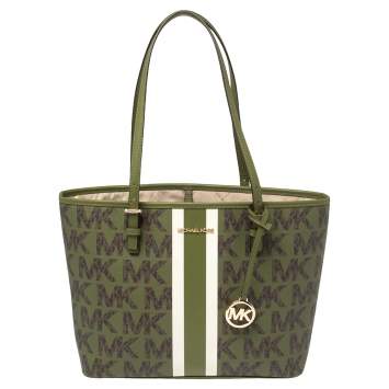 Pre Owned Michael Kors Green/Brown Signature Canvas Medium Carryall Tote
