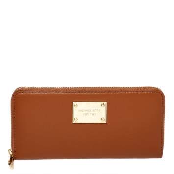 Pre Owned Michale Kors Tan Leather Jet Set Zip Around Continental Wallet