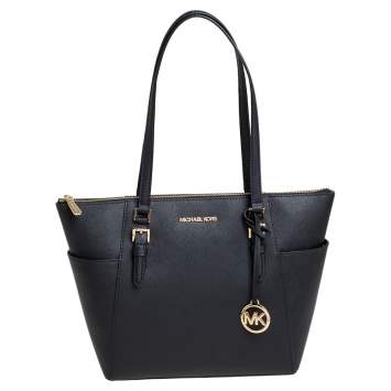 Pre Owned Michael Kors Black Leather Charlotte Top Zip Tote