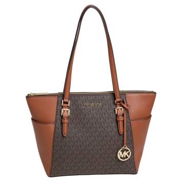 Pre Owned Michael Kors Brown/Tan Signature Coated Canvas and Leather Charlotte Top Zip Tote